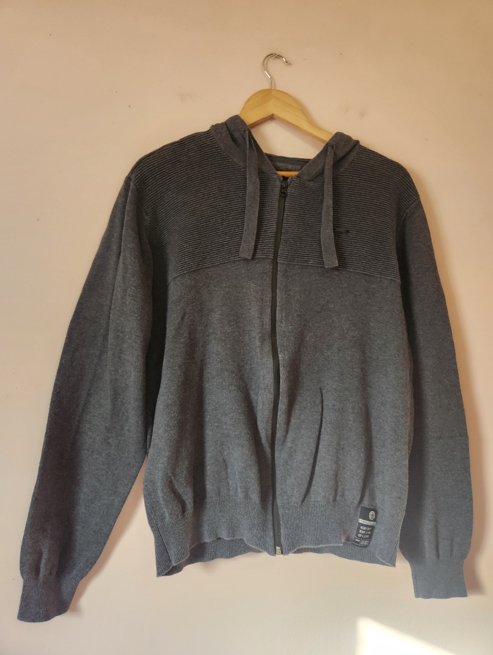 Darkblack Charcoal Grey Full Zip Textured Knit Hoodie Sweater Size L EUC Grunge